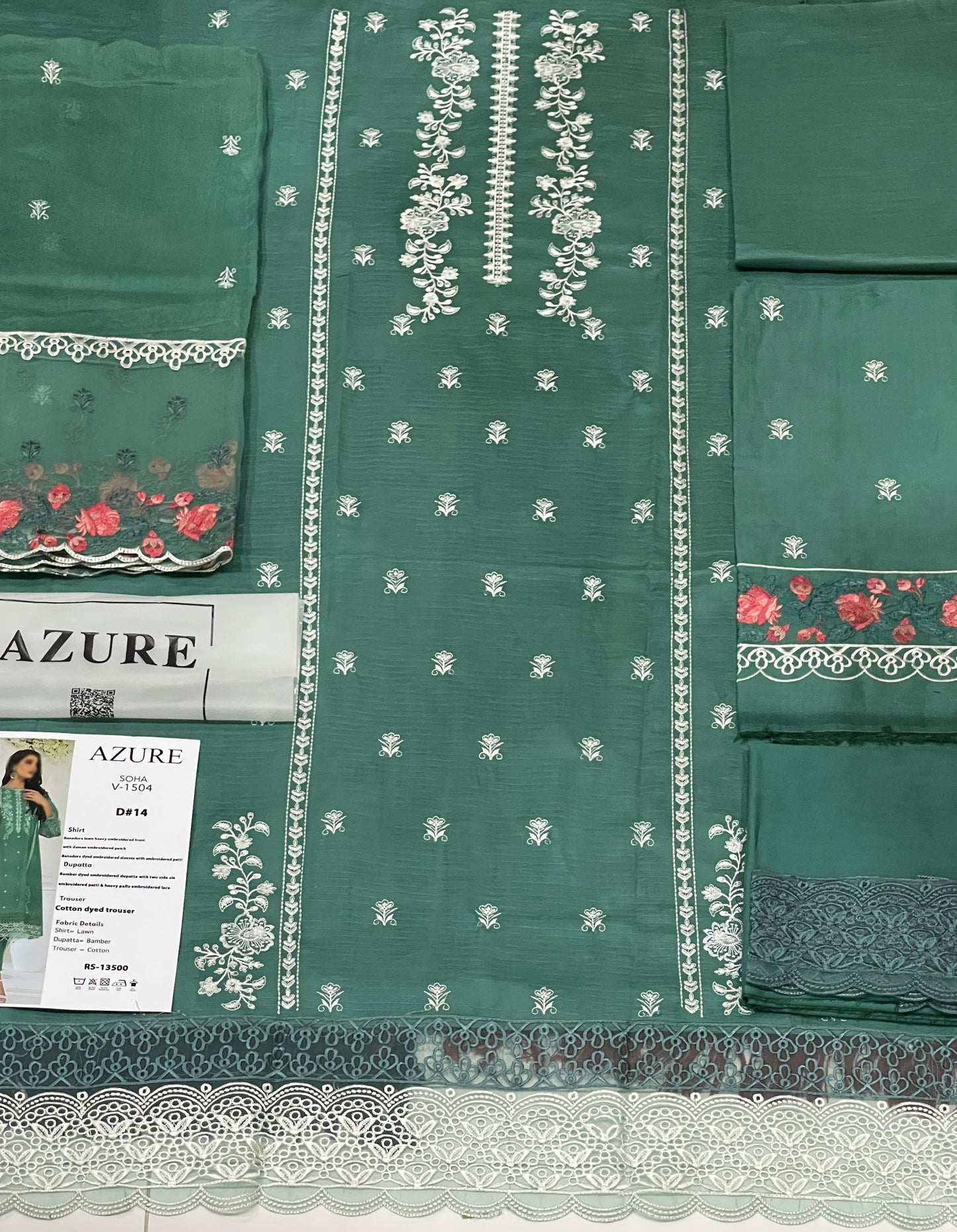 Azure Luxury Fancy Bana Dora Lawn Dyed Heavy Embroided Front with Daman Lace & patch