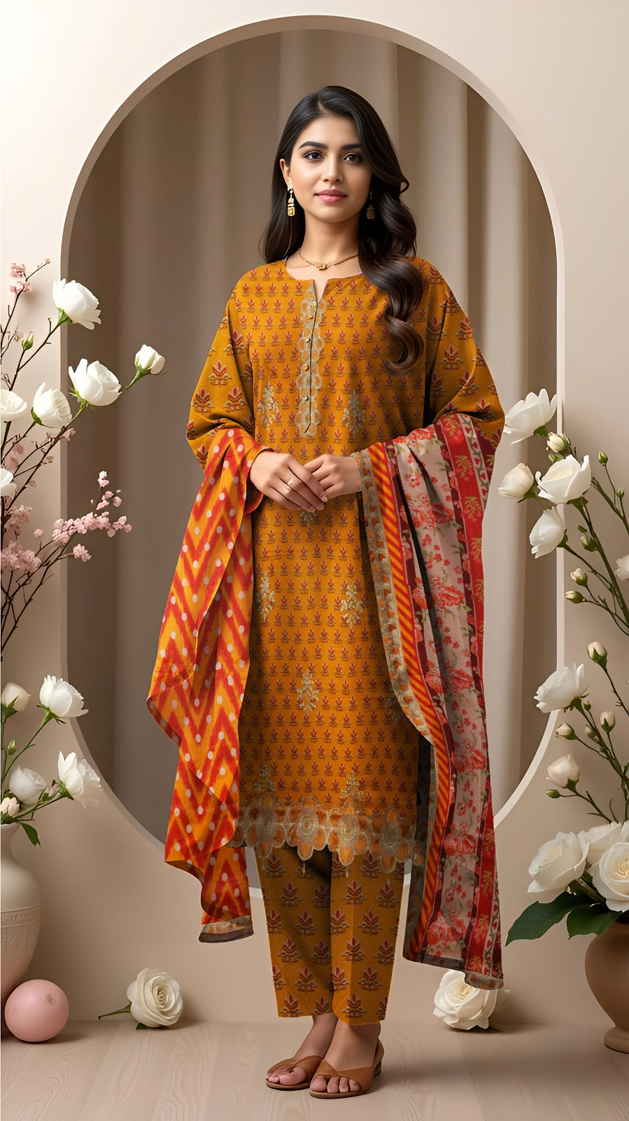 Linen 3-Piece Printed Suit with Embroidery