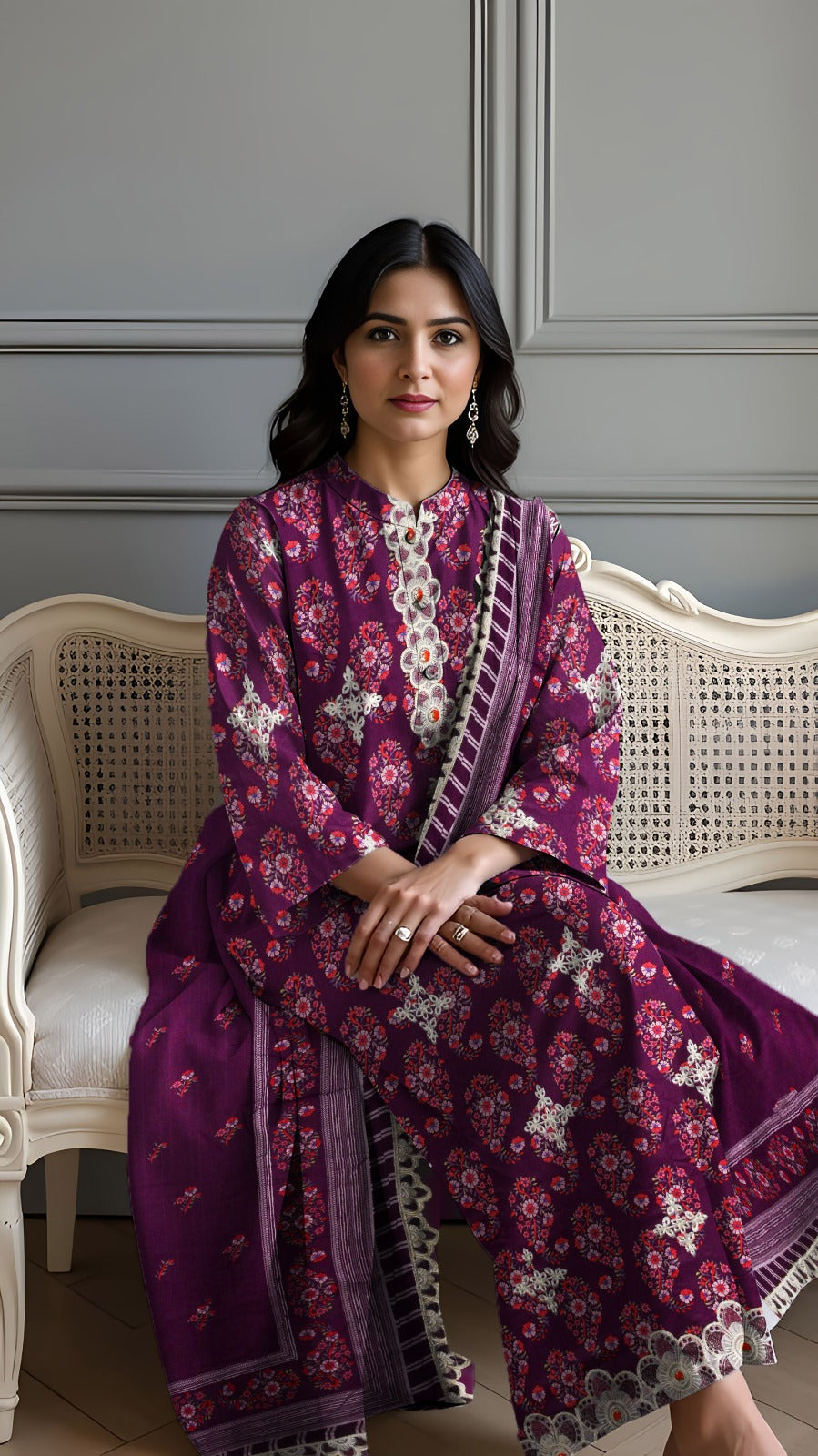 Linen 3-Piece Printed Suit with Embroidery
