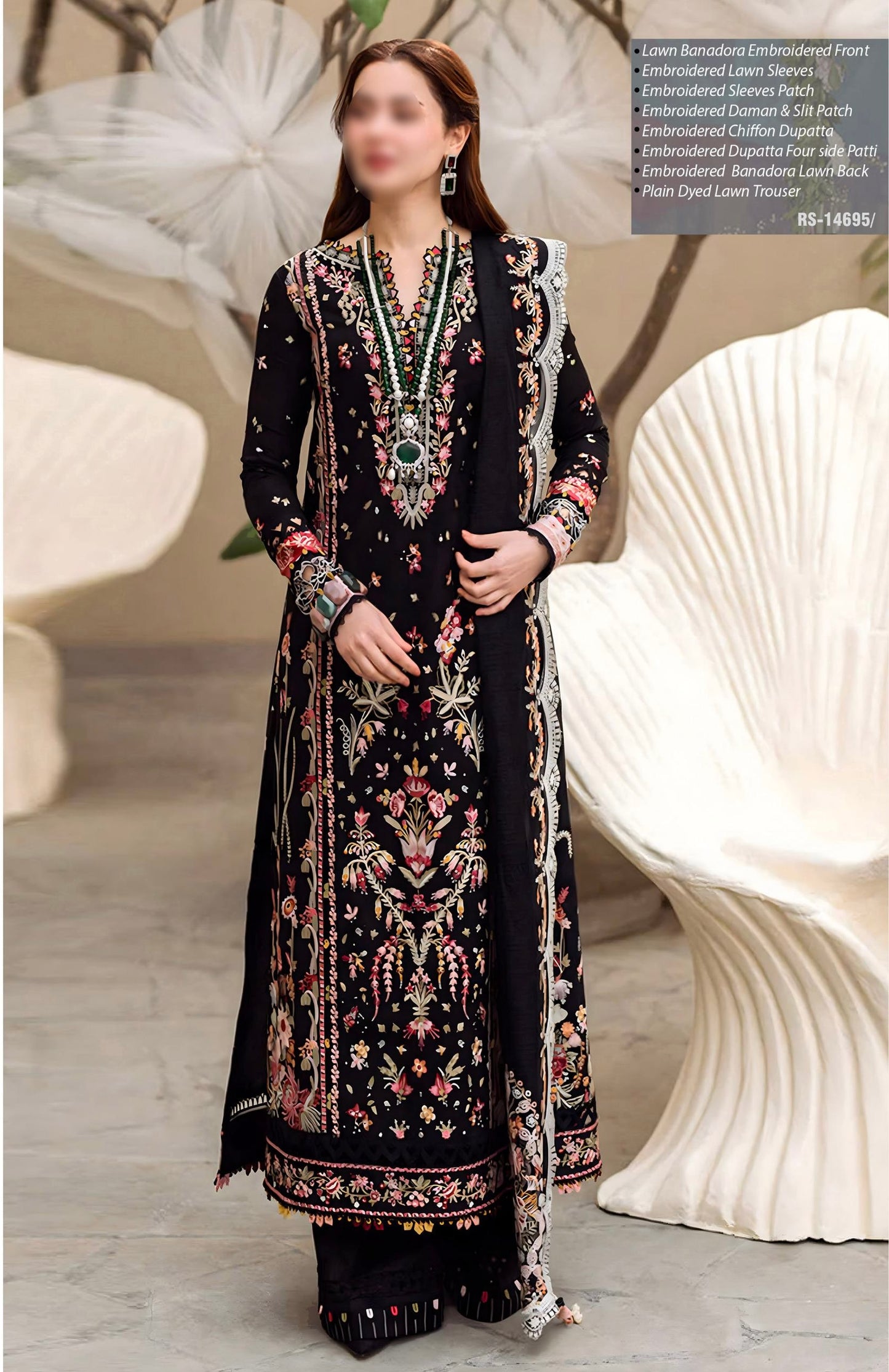 Qalamkar Luxury Fancy Bana Dora Lawn Dyed Heavy Embroided Front finished with Graceful Daman Lace