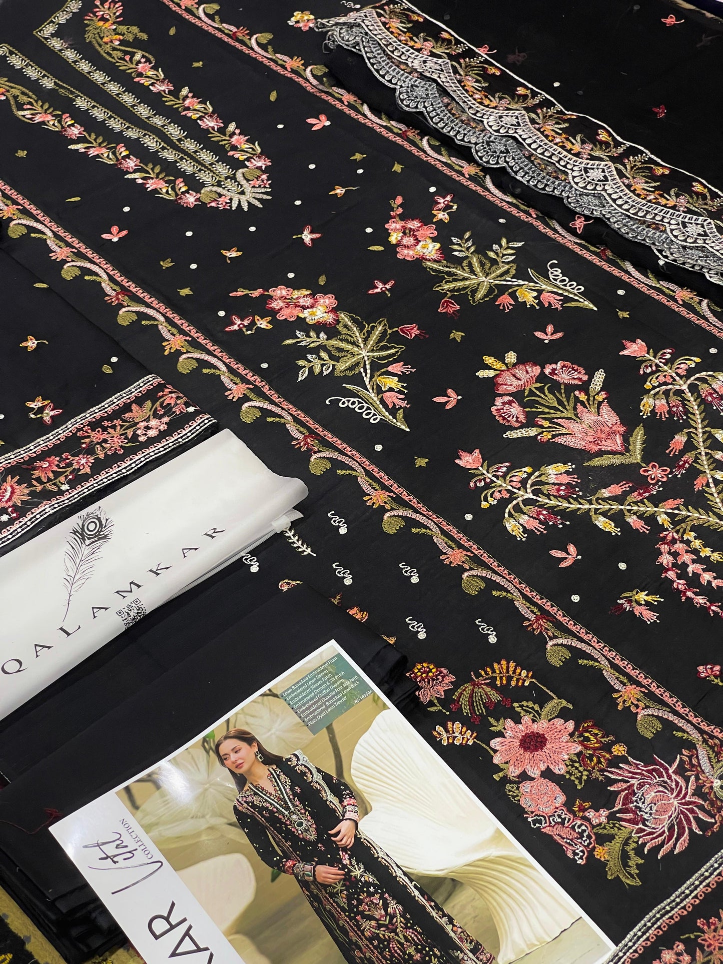 Qalamkar Luxury Fancy Bana Dora Lawn Dyed Heavy Embroided Front finished with Graceful Daman Lace