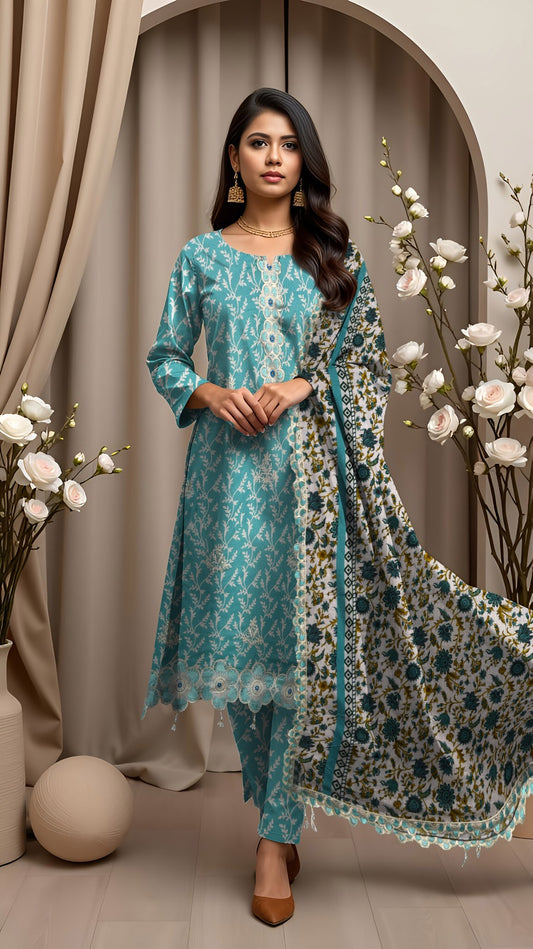 Linen 3-Piece Printed Suit with Embroidery