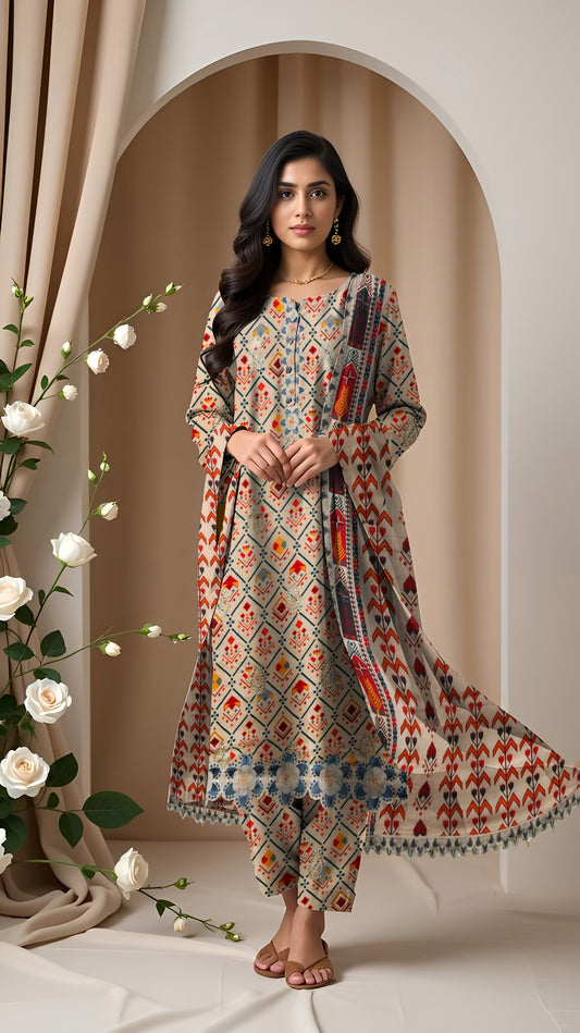 Linen 3-Piece Printed Suit with Embroidery
