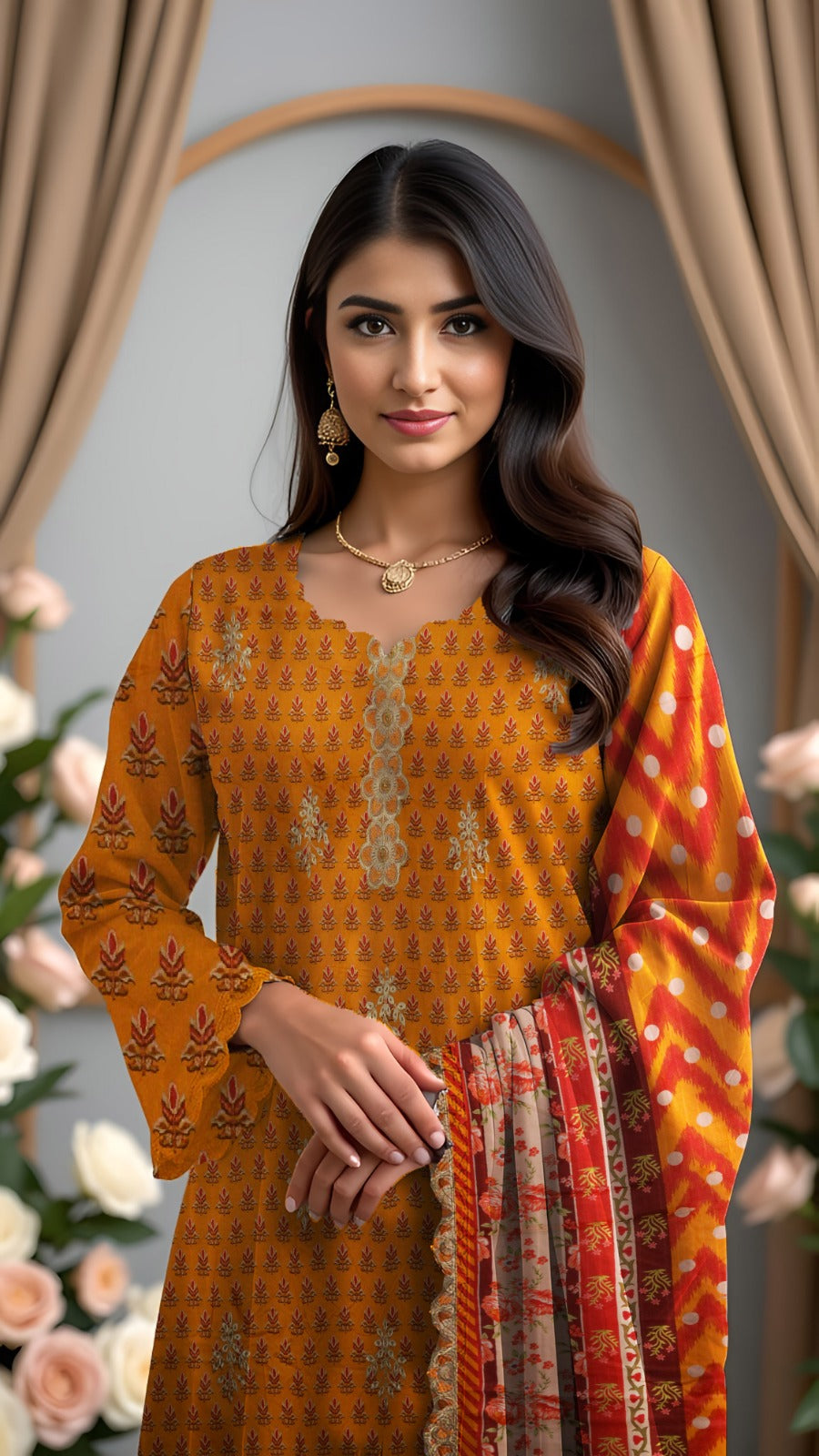 Linen 3-Piece Printed Suit with Embroidery
