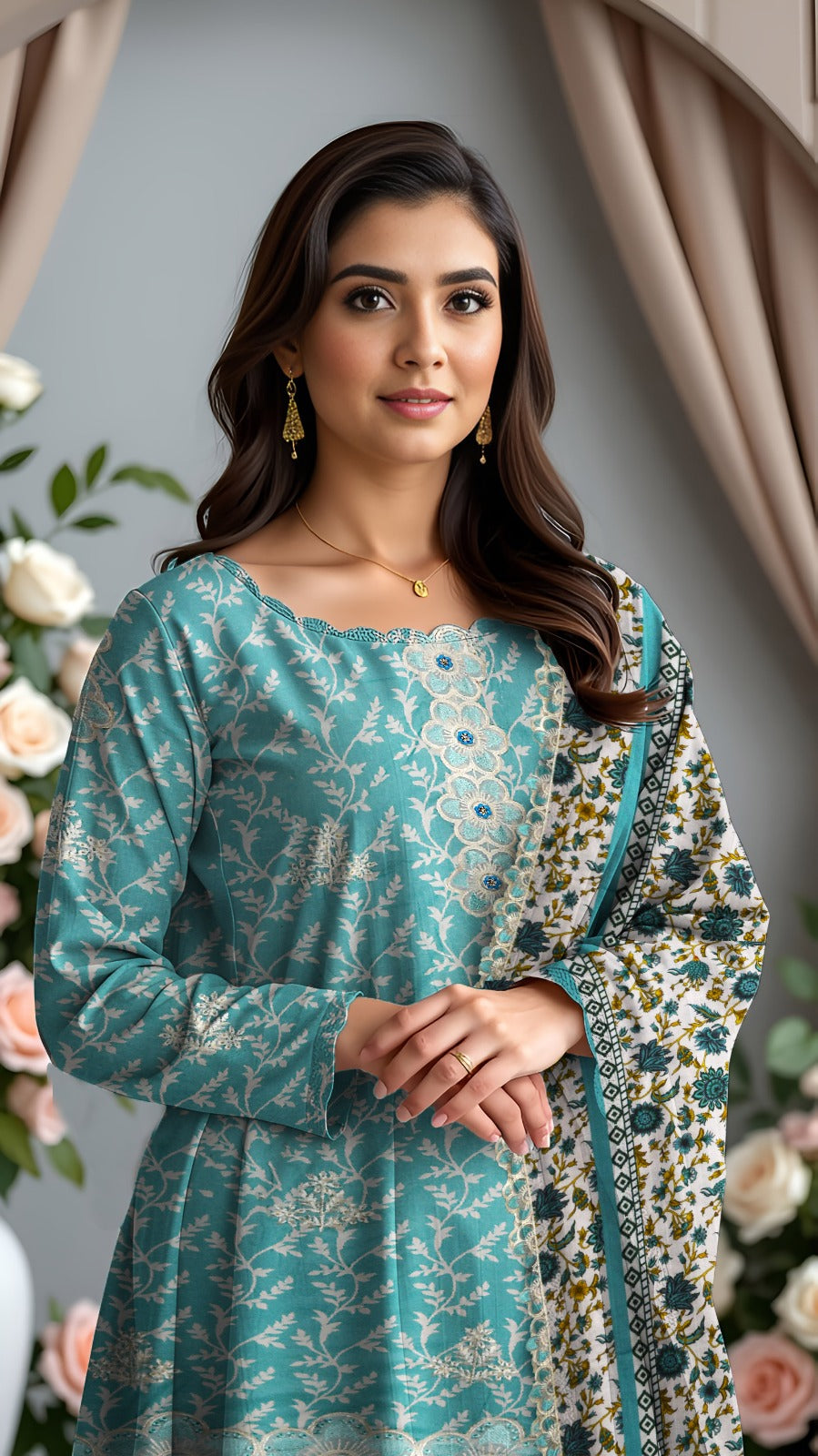 Linen 3-Piece Printed Suit with Embroidery