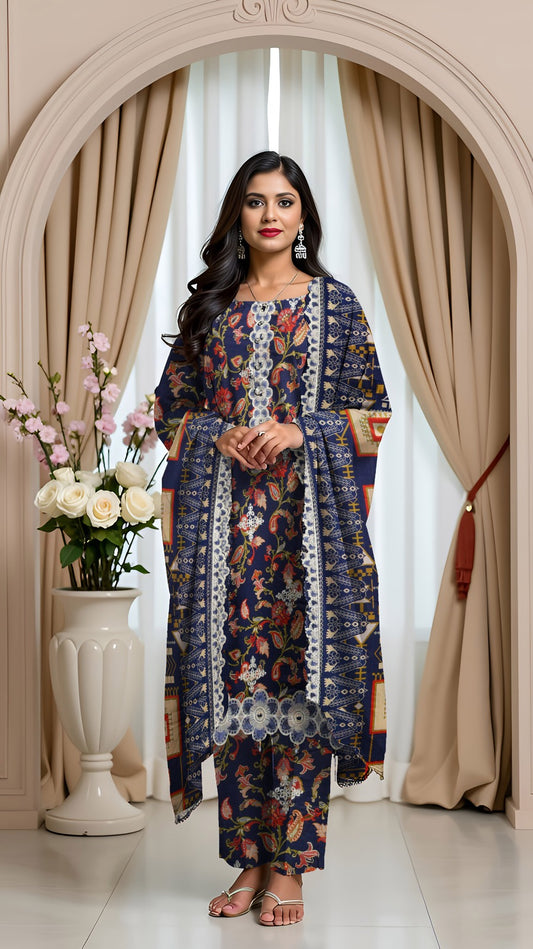 Linen 3-Piece Printed Suit with Embroidery (Copy)