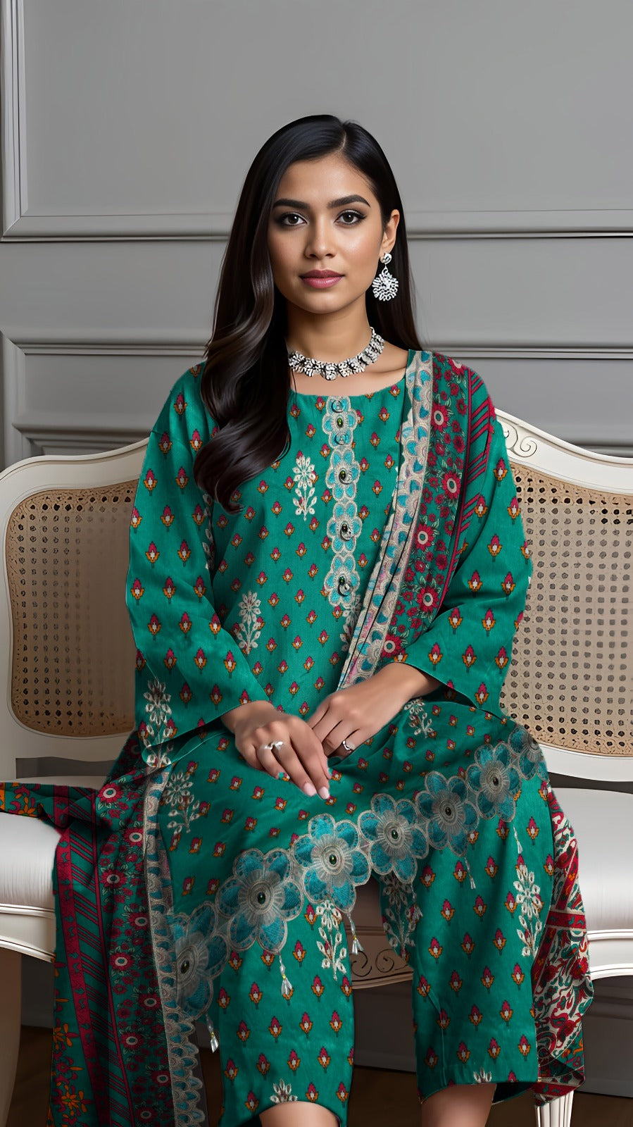Linen 3-Piece Printed Suit with Embroidery (Copy) (Copy)