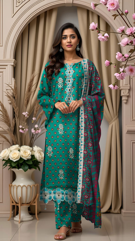 Linen 3-Piece Printed Suit with Embroidery (Copy) (Copy)