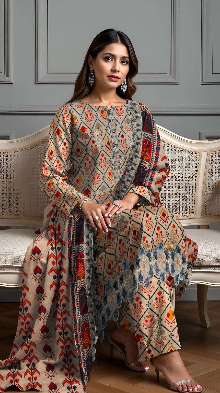 Linen 3-Piece Printed Suit with Embroidery