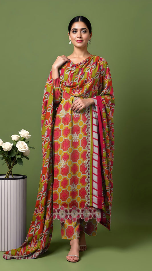 Linen 3-Piece Printed Suit with Embroidery