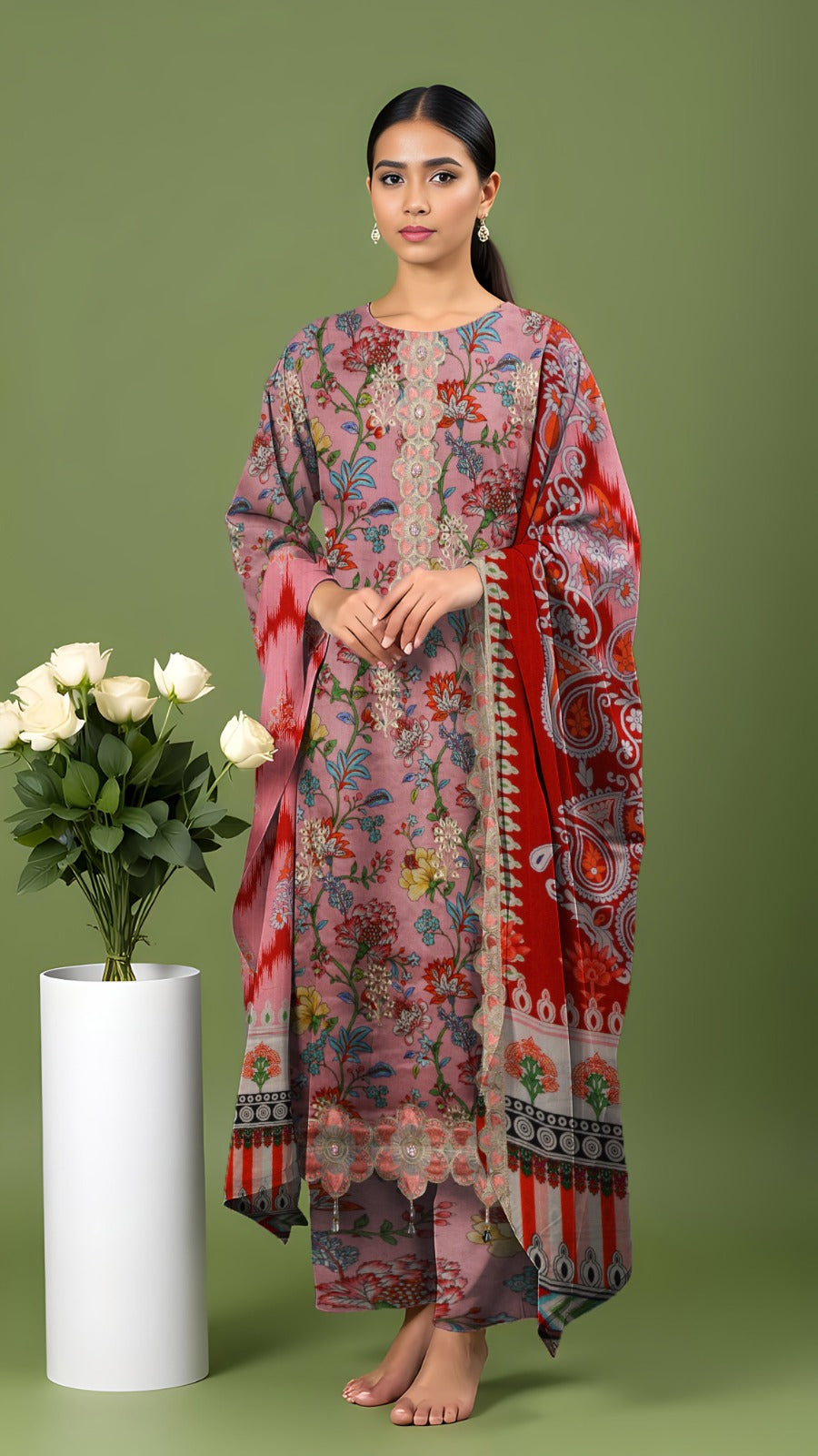 Linen 3-Piece Printed Suit with Embroidery
