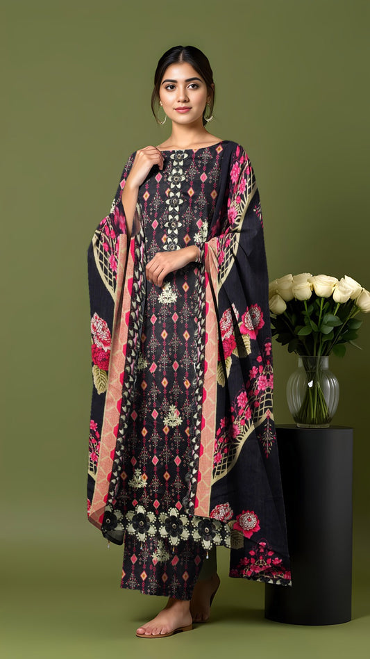 Linen 3-Piece Printed Suit with Embroidery